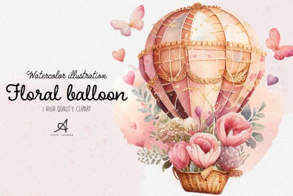 Watercolor Floral Hot Air Balloon Digital Illustration